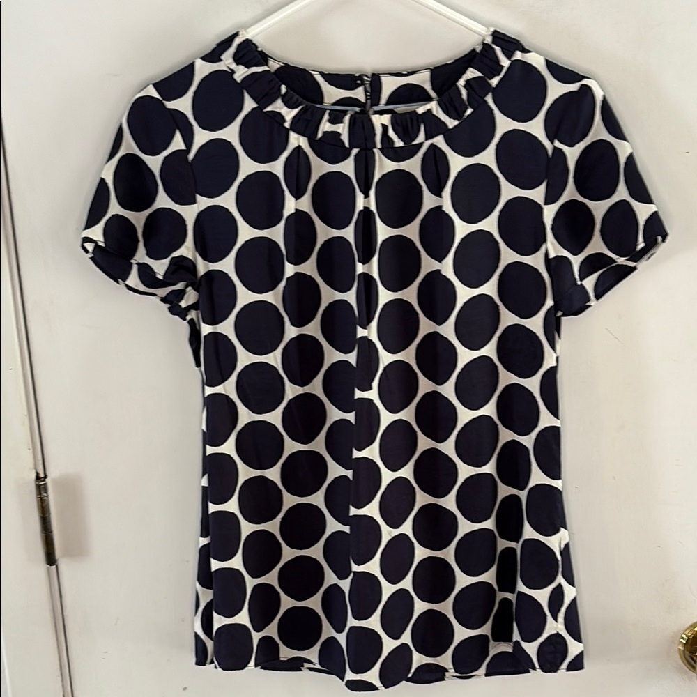 Boden white black polka dot silk short sleeve blouse gathered neckline Size 6